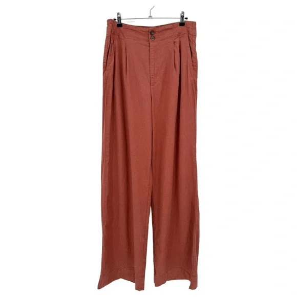 Marine Layer Flora High Waisted Loose Hemp Pleated Trouser in Henna Size 12